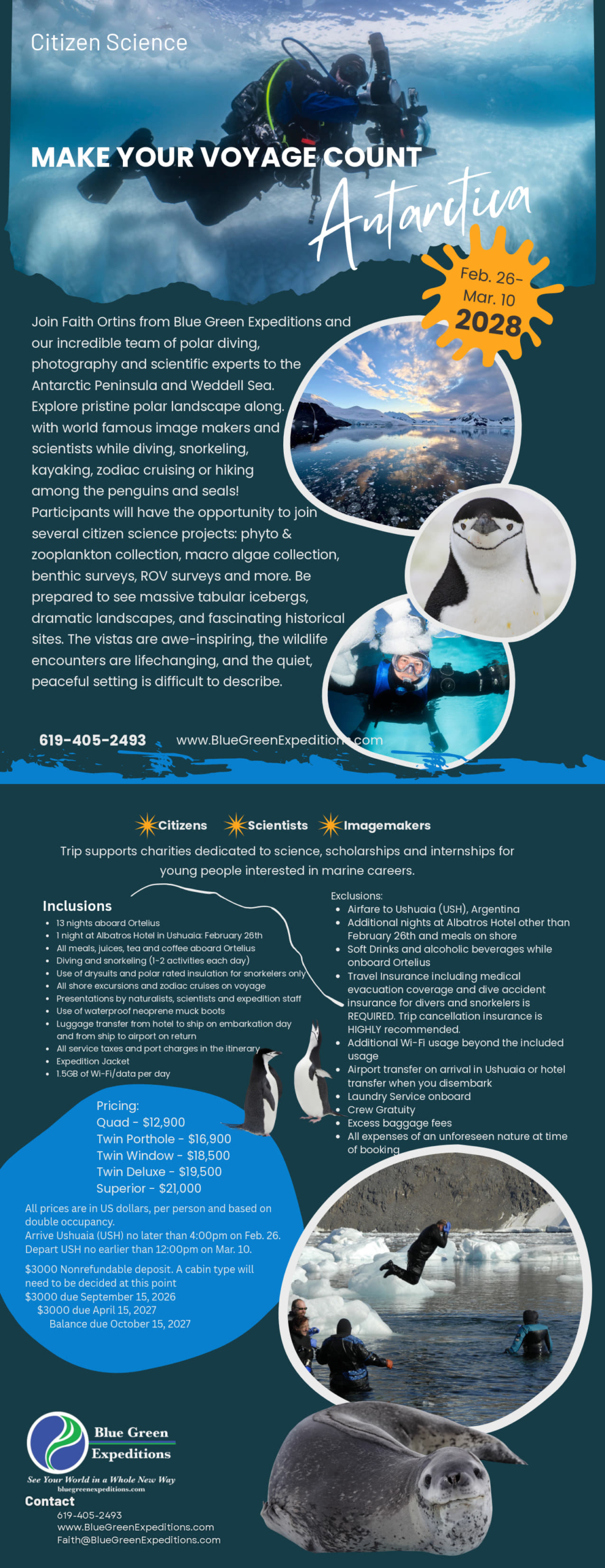 Antarctica Citizen Science Deep South 2028 expedition - February 26 - March 10, 2028 description and pricing. PDF flyer contains the same information