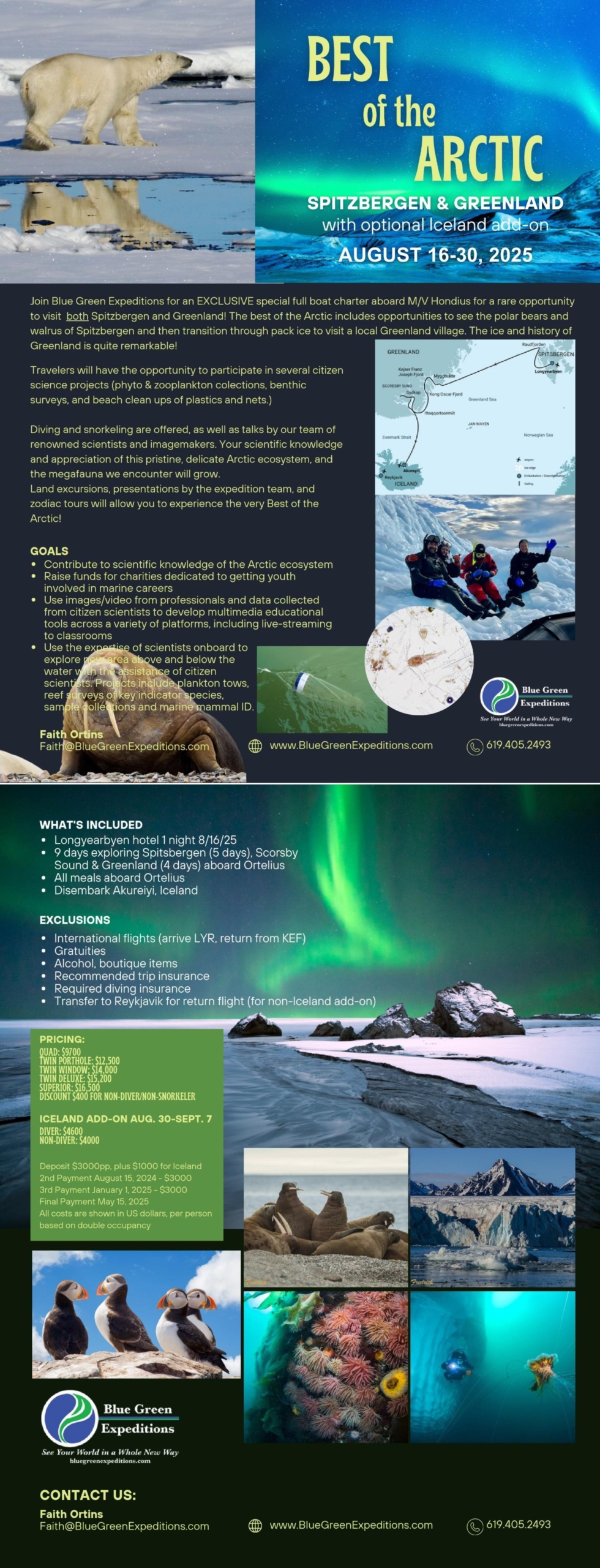 Best of the Arctic, Greenland, Spitzbergen, Iceland , August 16-30, 2025. Expedition description and pricing.