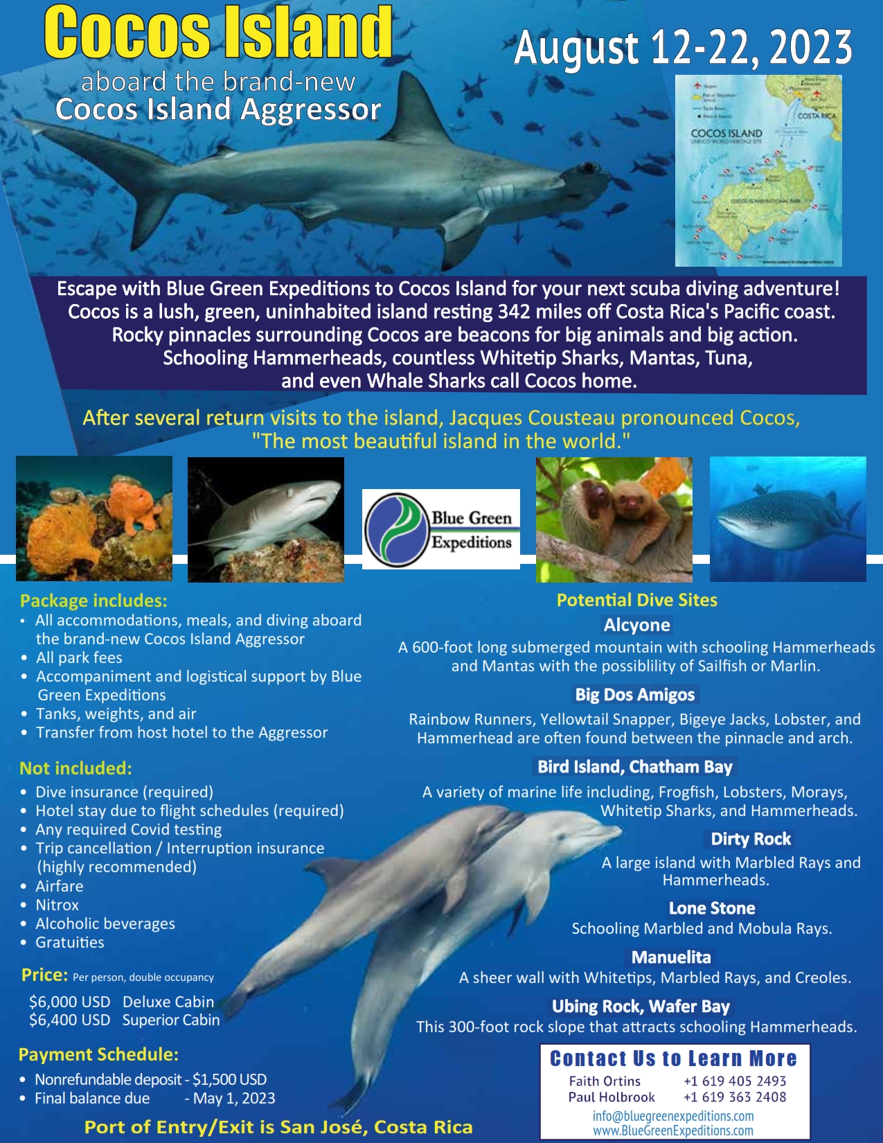 Cocos Island, August 12 - 22, 2023, expedition description and pricing. PDF flyer contains the same information.