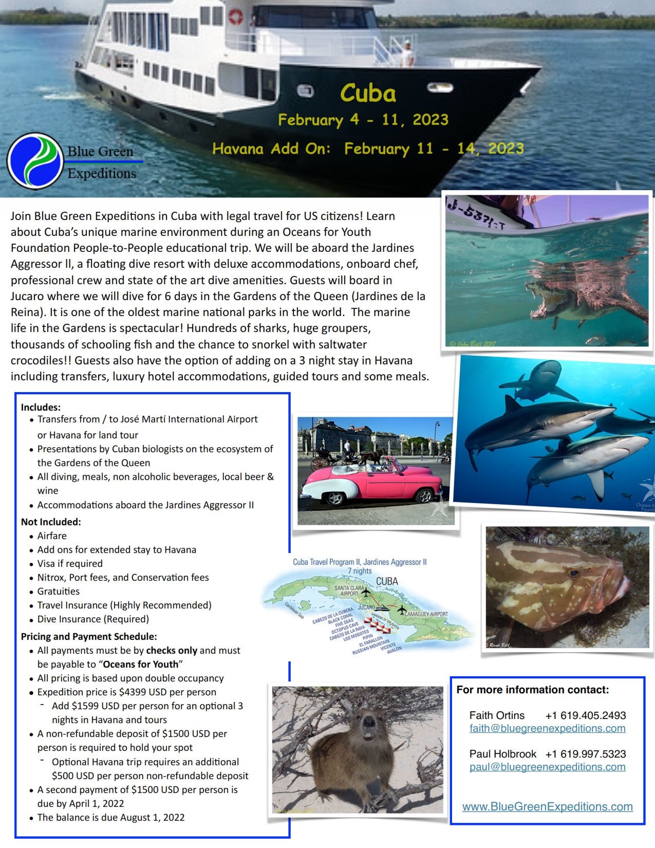 Cuba, February 11 - 14, 2023, expedition description and pricing. PDF flyer contains the same information.