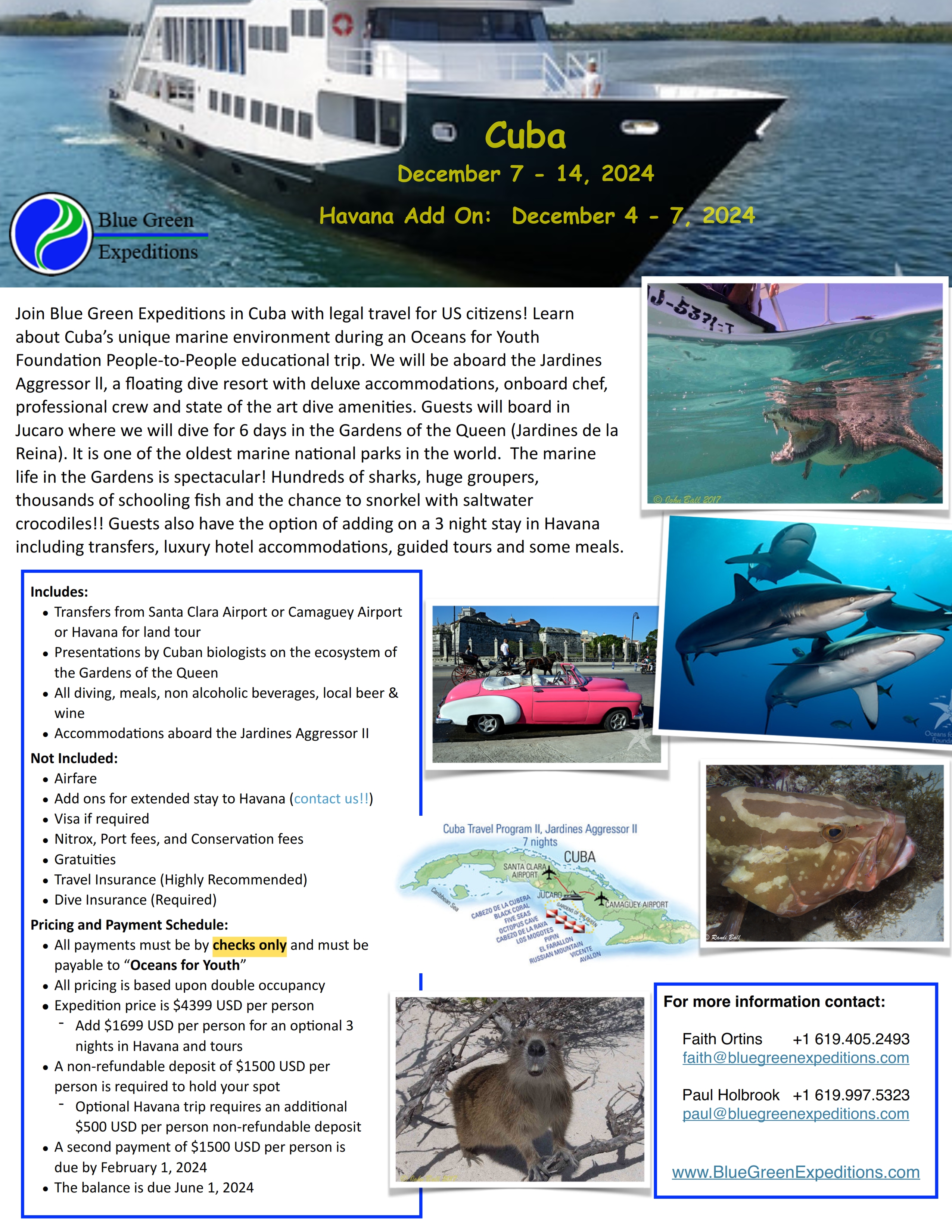 Cuba 2024 expedition - December 7 - 14, 2024, cost and trip details. PDF flyer contains the same information.