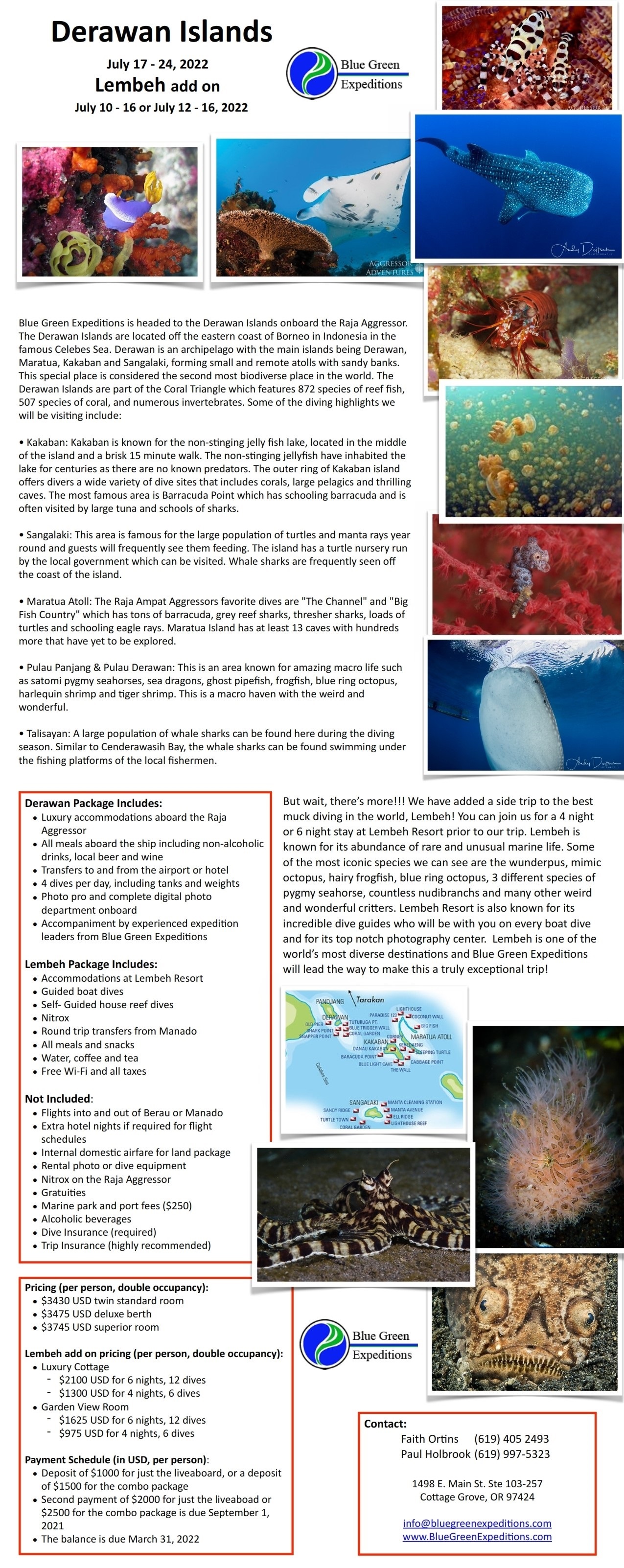 Derawan Expedition, July 17 - 24, 2022, cost and trip details. PDF flyer contains the same information.