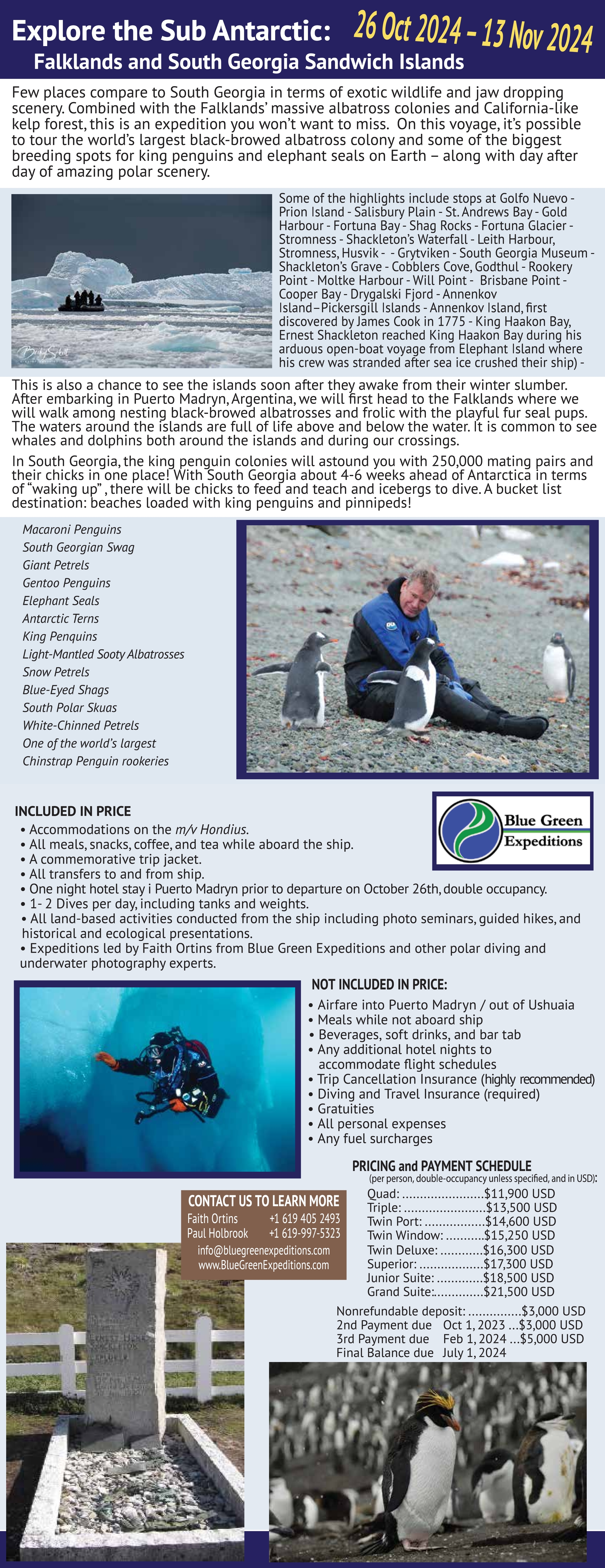 Falklands and SubAntarctic 2024 expedition - October 26, 2024 - November 13, 2024, cost and trip details. PDF flyer contains the same information.