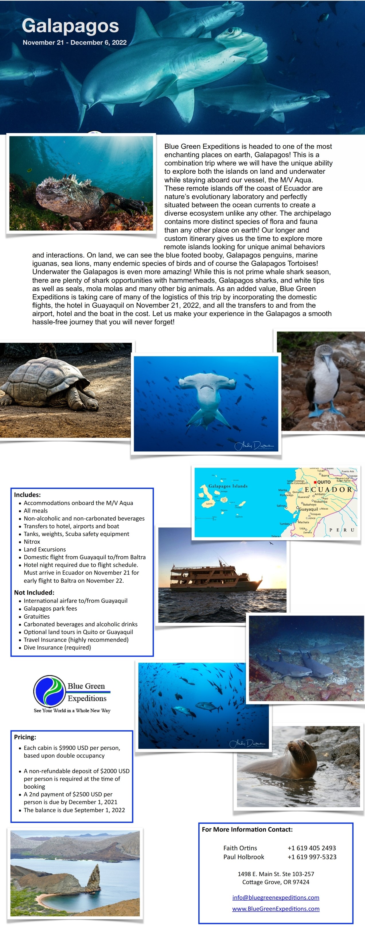 Galapagos Expedition, November 21 - December 6, 2022, cost and trip details. PDF flyer contains the same information.