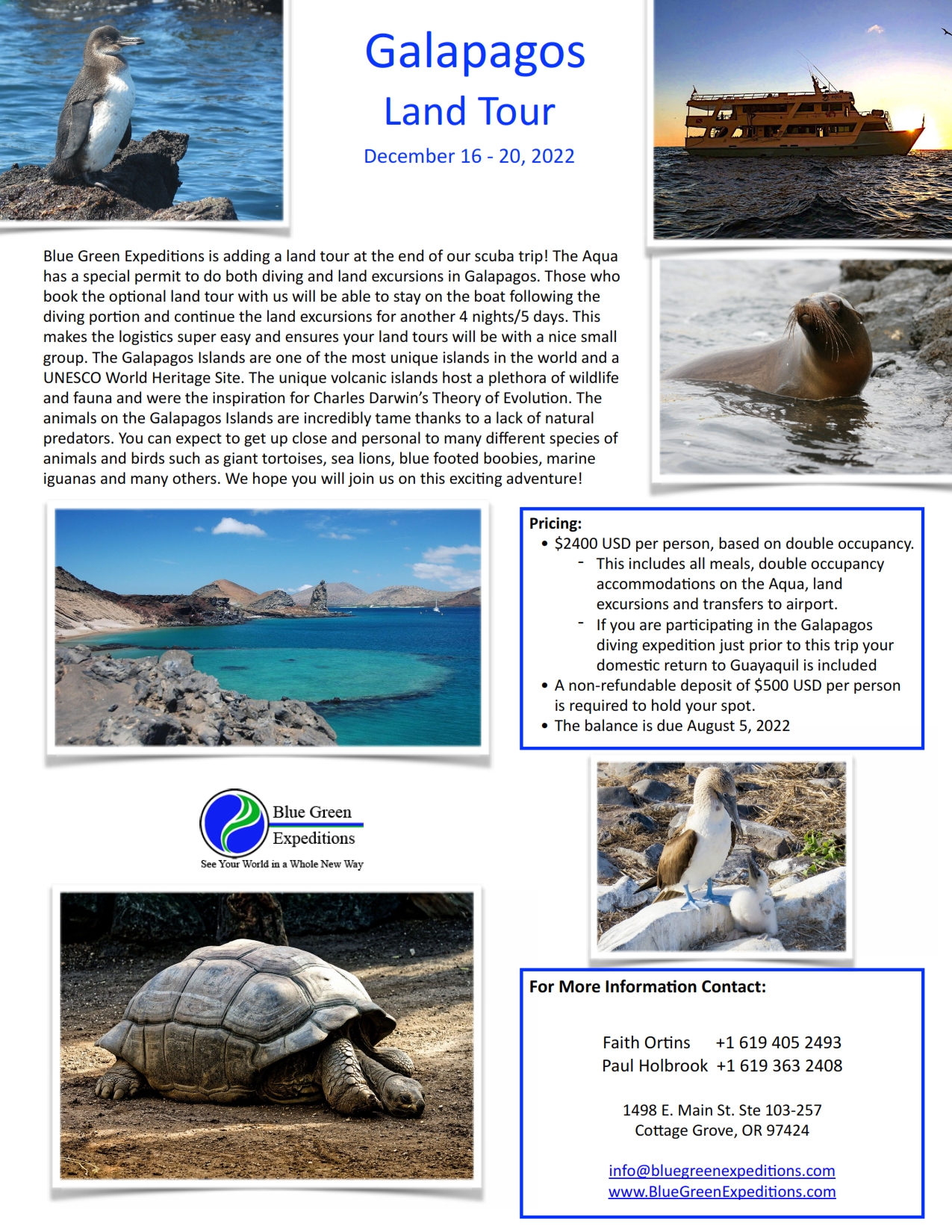 Galapagos Land Tour, December 16 - 20, 2022, trip itinerary and pricing. Same information is available in the expedition flyer PDF.