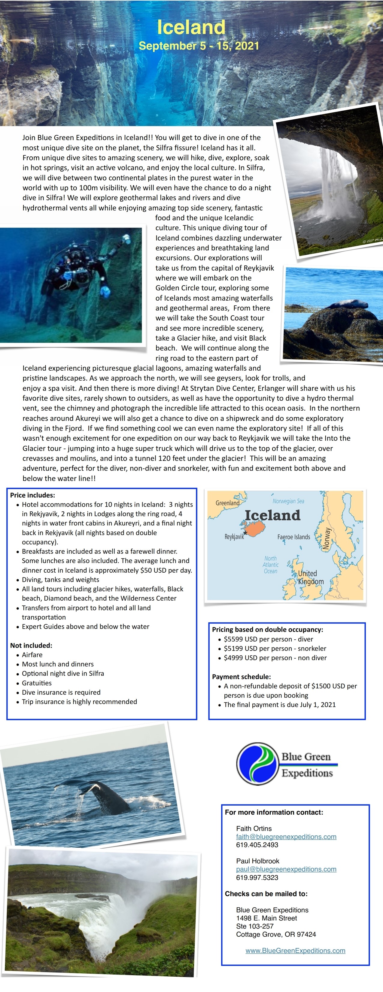 Iceland Expedition, September 5 - 15, 2021, cost and trip details. PDF flyer contains the same information.