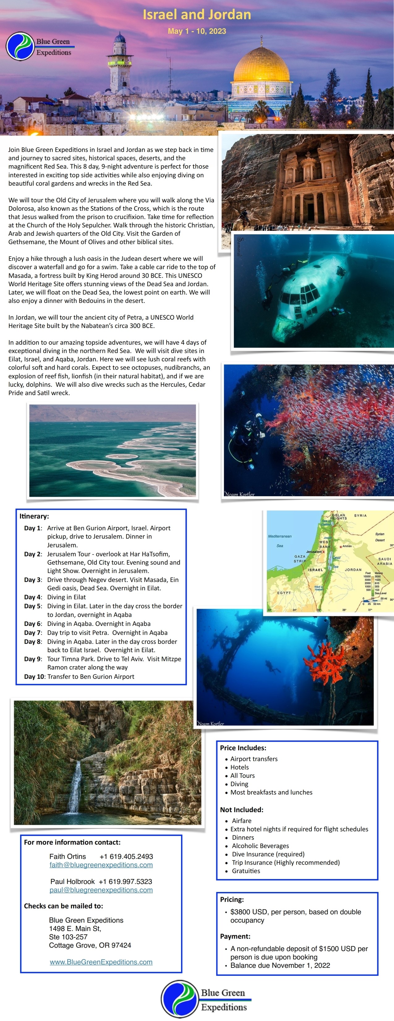 Israel and Jordan, May 1 - 10, 2023, expedition description and pricing. PDF flyer contains the same information.