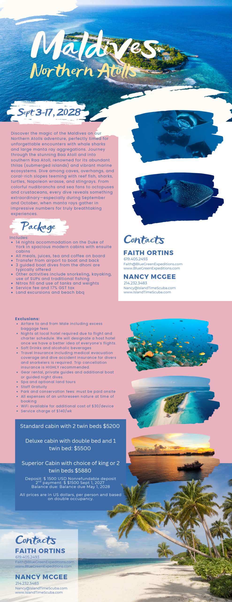 Maldives and Mantas 2028 expedition - September 3-17, 2028 description and pricing. PDF flyer contains the same information