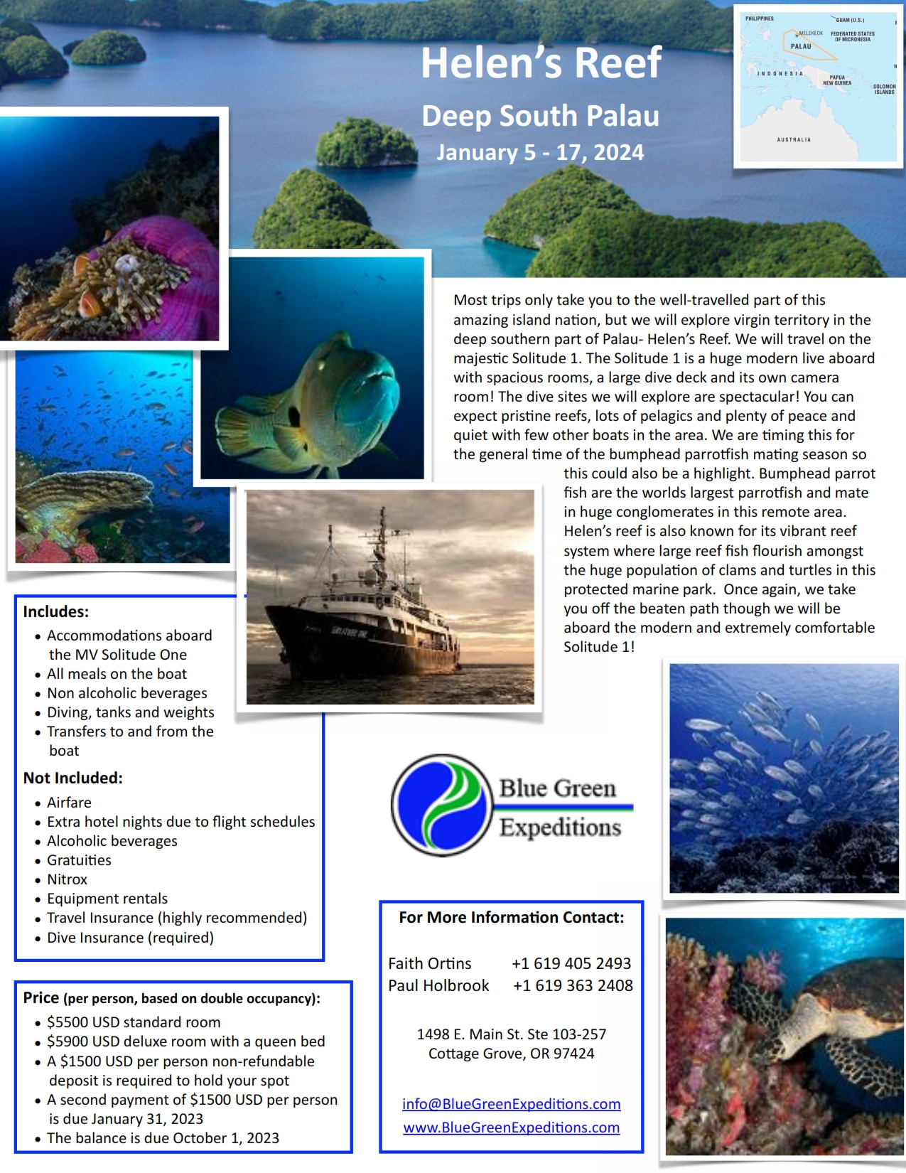 Palau, January 5 - 17, 2024, expedition description and pricing. PDF flyer contains the same information.
