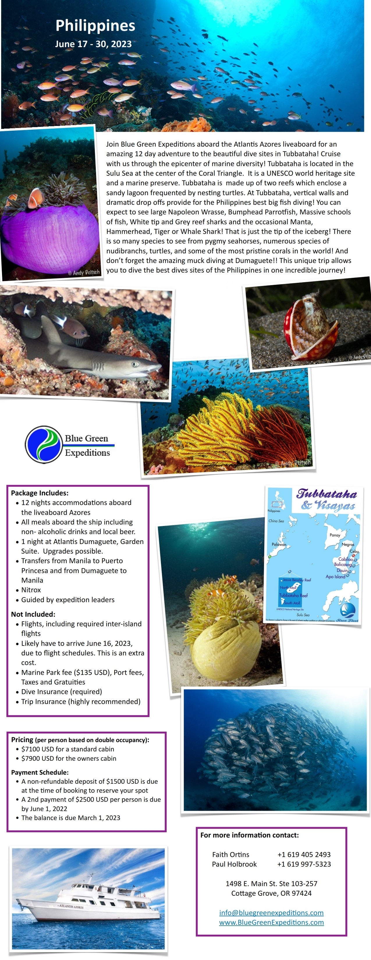 Philippines Tubbataha expedition - June 17 - 30, 2023, cost and trip details. PDF flyer contains the same information.