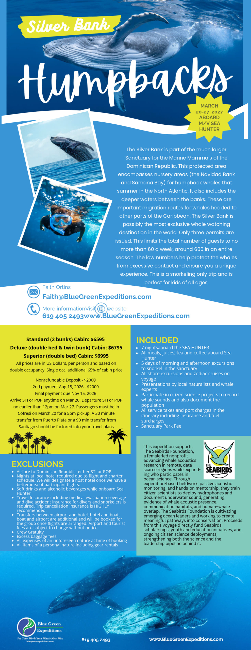 Silver Bank Snorkeling with Humpback Whales 2027 expedition - March 20 - March 27, 2027 description and pricing. PDF flyer contains the same information