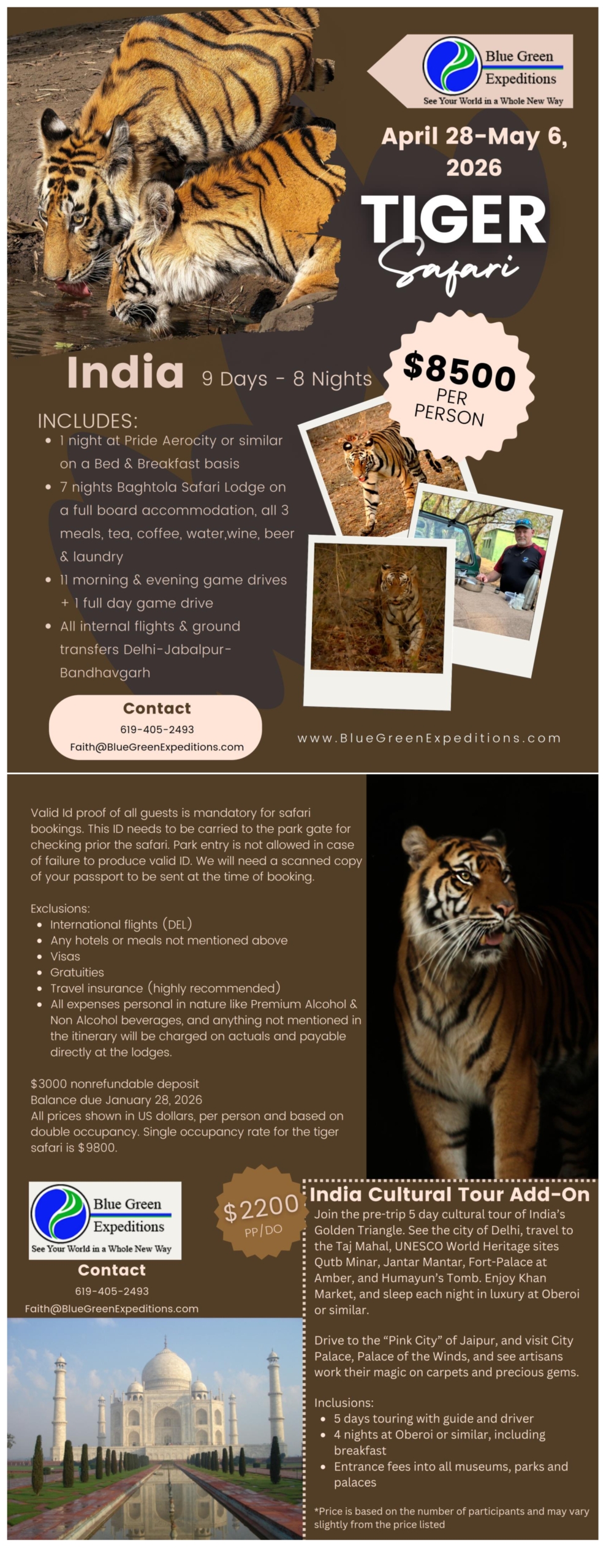 Tiger safari India , April 28- May 6, 2026. Expedition description and pricing.